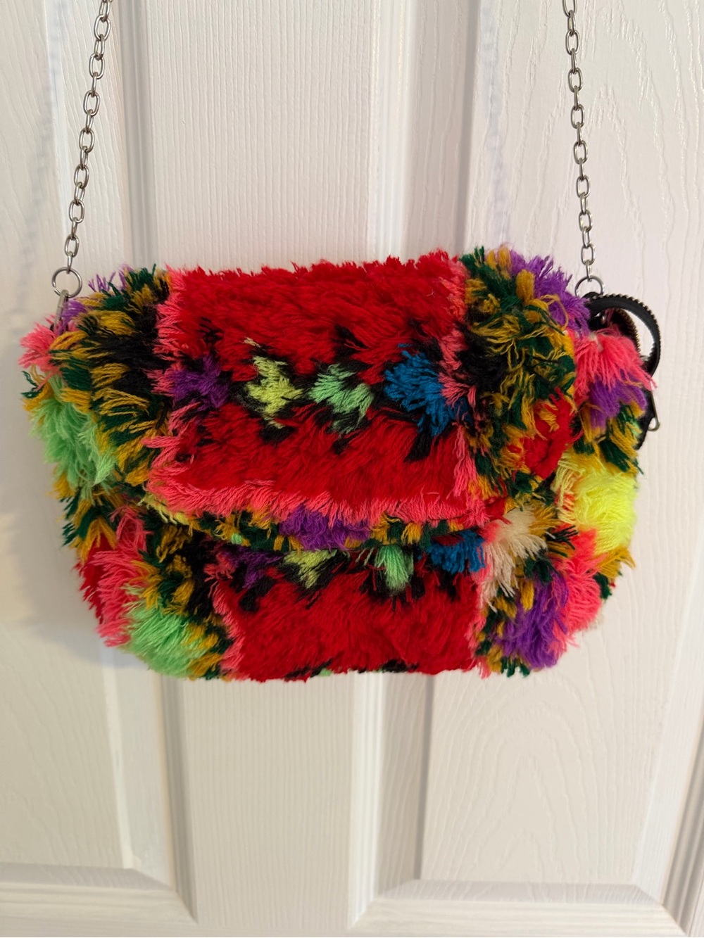 Vibrant Red Multicolor Faux Fur Crossbody Bag